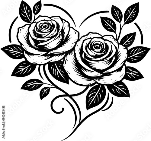 Elegant Black and White Floral Heart Vector Art Featuring Two Roses with Flowing Leaves, Minimal Tattoo Style Botanical Illustration, Clean Linework Romantic Flower Design for Prints, Logos, Tattoos, 
