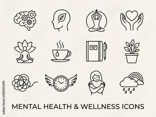 Editable stress homework mental collage anxiety therapy support meditation wellness icon line outline symbol mind health yoga calm care self hug tea plant cloud sun rain Mental Health Management