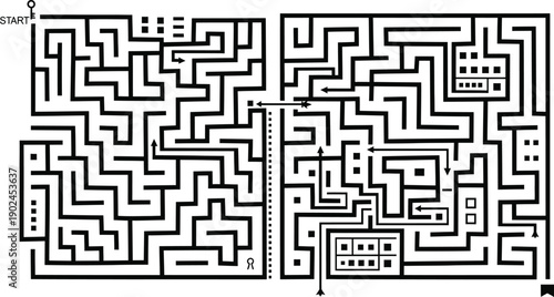 Black and white maze with start and end points and arrows labyrinth puzzle