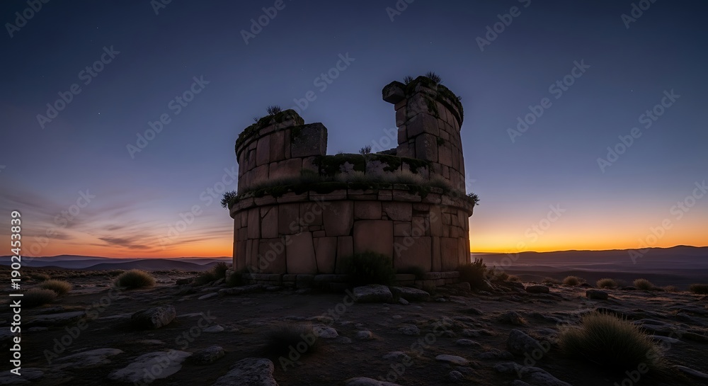 Obraz premium Ancient stone ruin on a rocky hill at sunset overlooking a distant mountain range