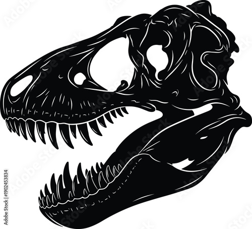 Detailed Tyrannosaurus Rex skull silhouette with sharp teeth, prehistoric dinosaur fossil head, cad drawing flat vector illustration, isolated ancient predator