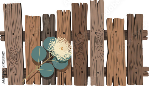 Wooden Fence with Eucalyptus Leaves and Flower.
