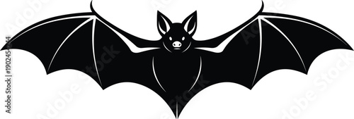 Flying bat black silhouette with spread wings isolated on white background, spooky night animal, cad drawing flat vector illustration, halloween