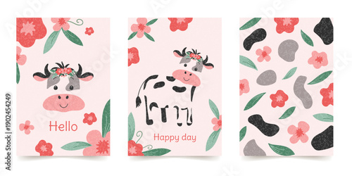 A set of templates for birthday invitations and cards, banners, and more. A cute vector design with an abstract cute cow and flowers.