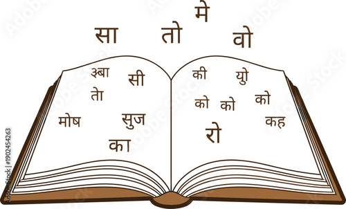 Hindi Learning Illustration Featuring Open Book With Devanagari Words, Educational Language Concept, Reading And Study Symbols, And Editable Vector Design
