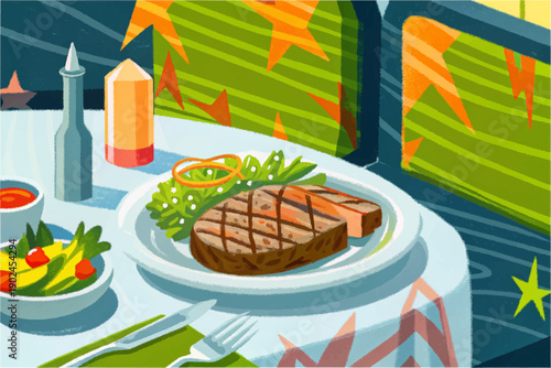 steak american food cuisine restaurant dining table meal gourmet traditional travel tourism culture culinary dish indoor hospitality grilled beef premium dinner