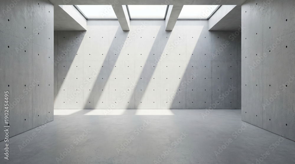 Obraz premium Sunlight streams into a minimal room featuring modern architecture and industrial concrete walls with skylights.