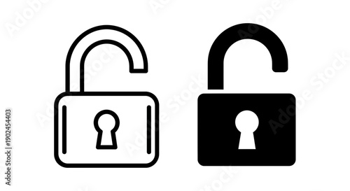 Open and closed padlock icons, representing security, access, and freedom. Simple vector illustration in black and white for digital use.