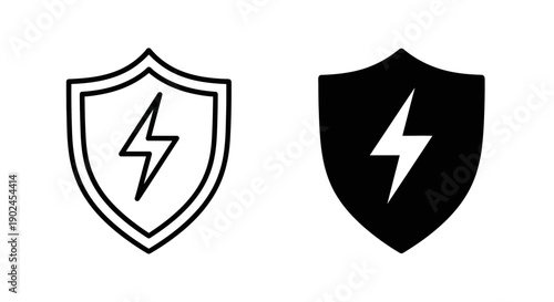 Shield with Lightning Bolt Icons: Outline and Silhouette for Power, Energy, and Protection