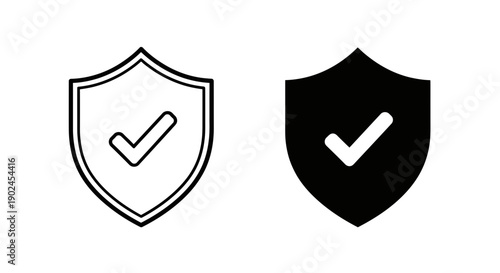 Shield with checkmark icon. Symbolizes security, approval, verification, and success. Offered in clean line art and solid black vector styles.