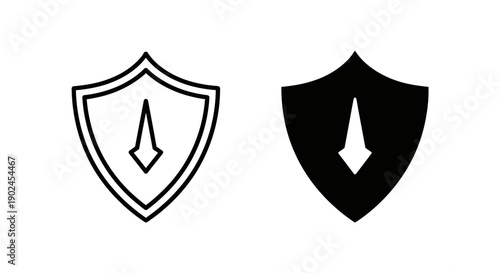 Shield with downward arrow icon. Symbolizes protection, defense, danger, or vulnerability. Available in line art and solid black vector styles.