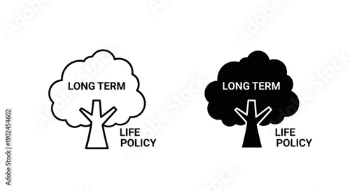 Long term life policy tree icon in black and white outline and solid styles