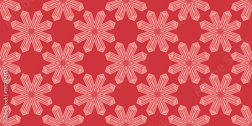 Vector seamless pattern with geometric snowflakes. Christmas holiday winter background with linear floral shapes, snow ornament. Red and pink festive texture. Repeated design for decor, textile, print