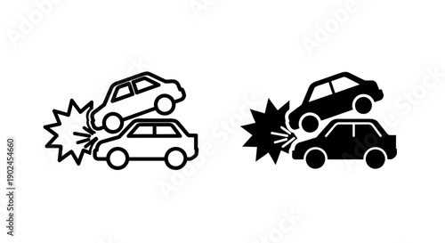 Car accident icon depicting two vehicles colliding, symbolizing crash, impact, and insurance claims, black and white vector