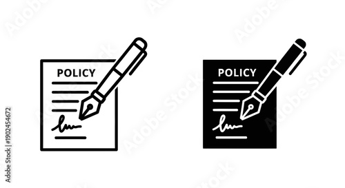 Policy document with signature and pen icon, symbolizing agreement, contract, and approval, black and white vector graphic