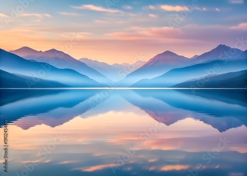 Serene Mountain Panorama: The tranquil beauty of a mountain range mirrored in the stillness of the water, bathed in the soft hues of dawn. 