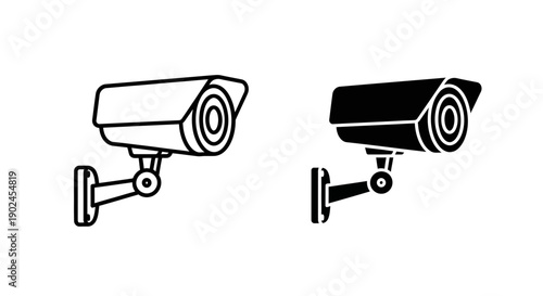 Security camera icon in line and solid black styles. Represents surveillance, monitoring, safety, and recording. Simple vector graphic for security concepts.