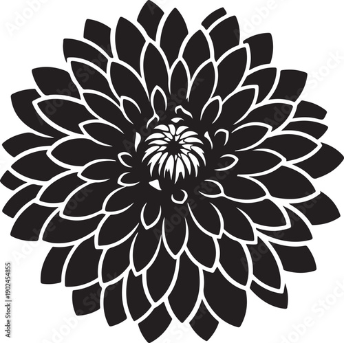 Blackandwhite graphic illustration of a dahlia flower on transparent background