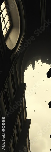 Faded grandeur crumbles from the heavens, a high-angle lament in grainy monochrome,  decay,  monochrome