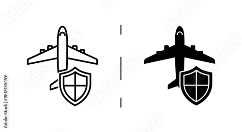 Airplane insurance icon with shield symbol, presented in black and white outline and solid fill vector graphics