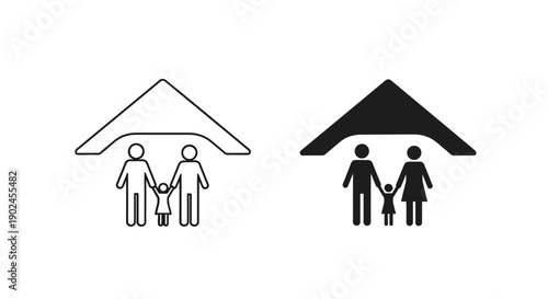 Family insurance icon with protective roof over people figures, black and white outline and solid fill vector graphic