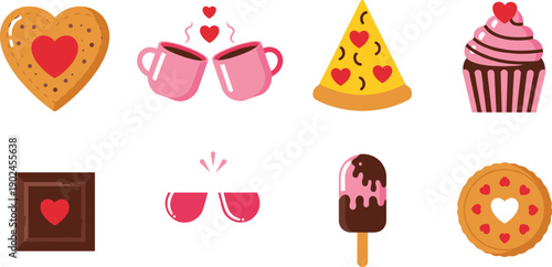 Cute Valentine Food Icons Set Featuring Sweet Treats, Coffee Cups, Chocolate, Dessert Hearts, Romance Elements, And Flat Editable Vector Illustration