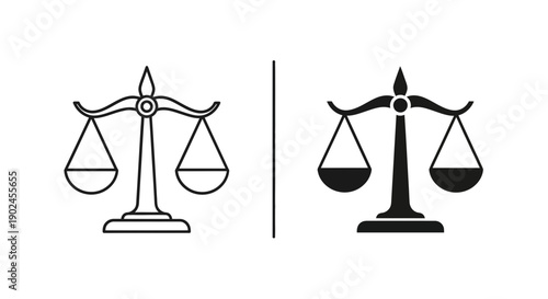 Scales of justice icon, representing law, legal system, court, and balance, black and white outline and solid fill vector
