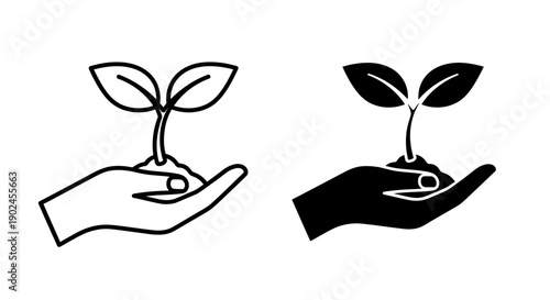 Hand holding a growing plant sprout icon, symbolizing care, growth, new beginnings, and nurturing nature, environmental responsibility, dual style illustration
