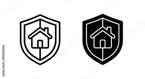 Home security icon featuring a shield with a house inside, shown in black and white outline and solid fill styles