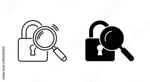 Magnifying glass over a closed padlock icon, symbolizing security search, audit, or investigation of protected data.