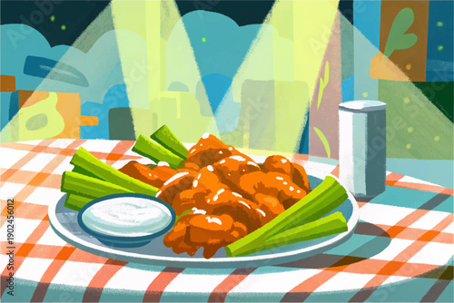 buffalo wings american food cuisine restaurant dining table meal gourmet traditional travel tourism culture culinary dish indoor hospitality spicy chicken appetizer