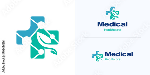 Modern medtech, Medical plus with leaf in negative space shapes, interconnected node line or point, Logo icon design vector illustration, Symbol cross molecule for future healthcare and brand identity