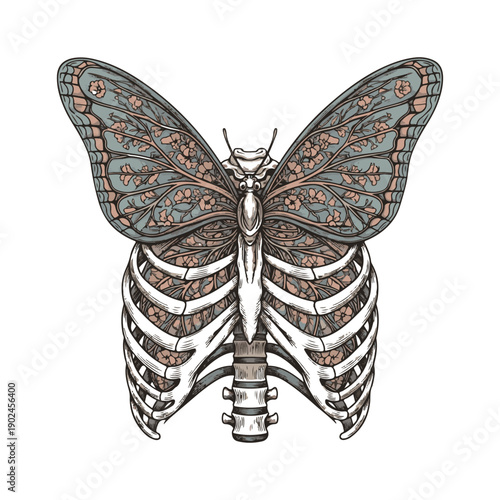 Intricate skeletal ribcage seamlessly blended with ornate butterfly wings, a surreal artistic fusion of nature and anatomy