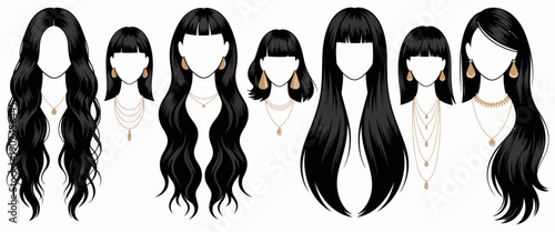 Stylized woman portraits with black hair and gold jewelry fashion illustration highlighting diverse hairstyles elegant accessories and modern beauty concept for branding posters and creative design