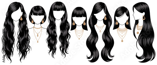 Stylized woman portraits with black hair and gold jewelry fashion illustration highlighting diverse hairstyles elegant accessories and modern beauty concept for branding posters and creative design