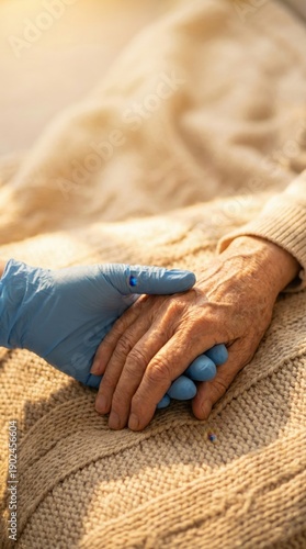 Top view of medical professional holding the hand of a senior citizen showing support and empathy. Warm emotional healthcare shot with text space.