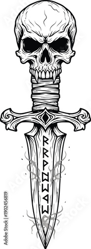 Black and white of skull on dagger with runes