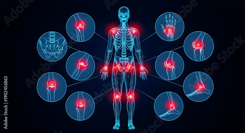 Digital representation of a human skeleton highlighting multiple painful joints across the body indicating common rheumatic conditions