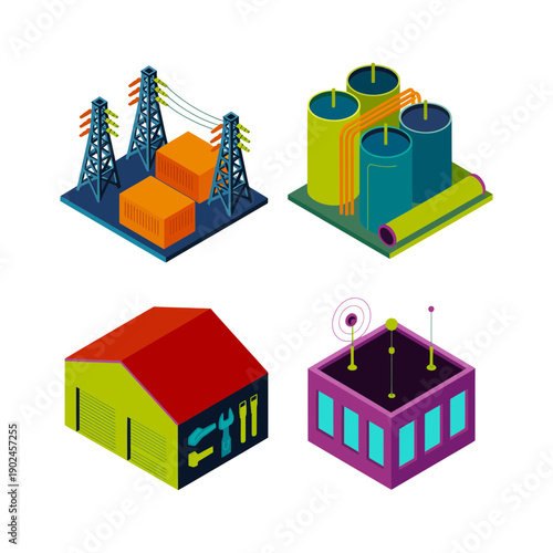 Energy and Telecommunications Infrastructure Icon Set. Vector Illustration. Editable Stroke.