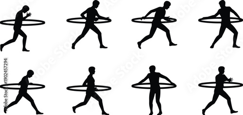 Black and white hula hoop silhouettes set showing male fitness movements, exercise poses, and rhythmic motion in minimalist vector style
