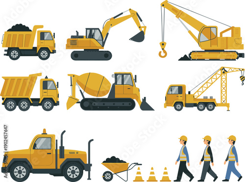 Construction vehicles and machinery illustration set with dump truck excavator crane cement mixer workers road safety equipment flat vector design