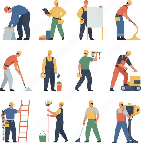 Construction workers character set illustration showing builders using tools equipment safety gear labor activities flat vector design modern professional industry