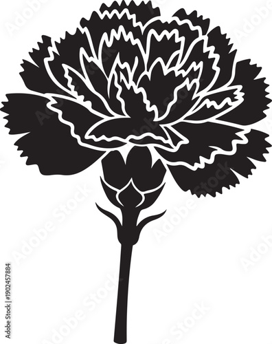 Simple black and white illustration of a carnation flower with detailed petals and stem