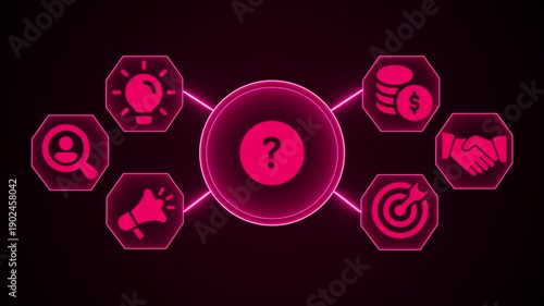 Futuristic Business Strategy Concept with Neon Magenta Icons on Dark Background.