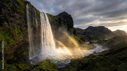 Breathtaking wide angle 4K view of a majestic waterfall in Iceland with a vivid double rainbow at sunset. Dramatic cloudy sky over lush green mountains and a winding river in a pristine valley.