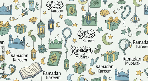 Seamless doodle pattern for Ramadan Kareem and Eid Mubarak.