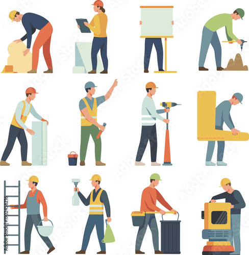 Construction workers flat vector illustration set showing builders performing labor tasks with tools safety equipment industrial work characters