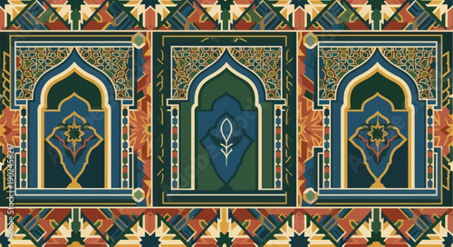 Fotografie Intricate Islamic geometric pattern with decorative archways and colorful mosaic design