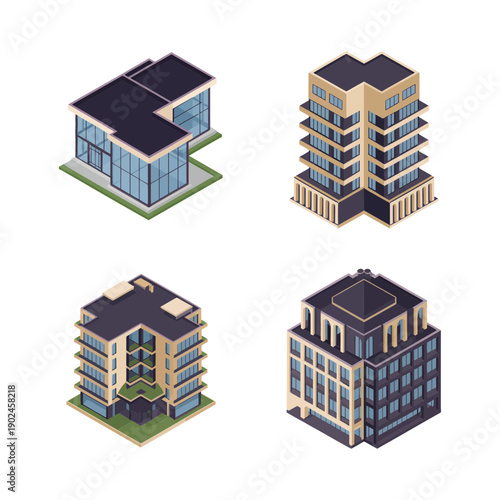 Modern Residential and Commercial Building Icon Set. Vector Illustration. Editable Stroke.