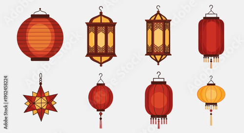 Set of traditional red and gold Asian lanterns for holiday festive decoration.